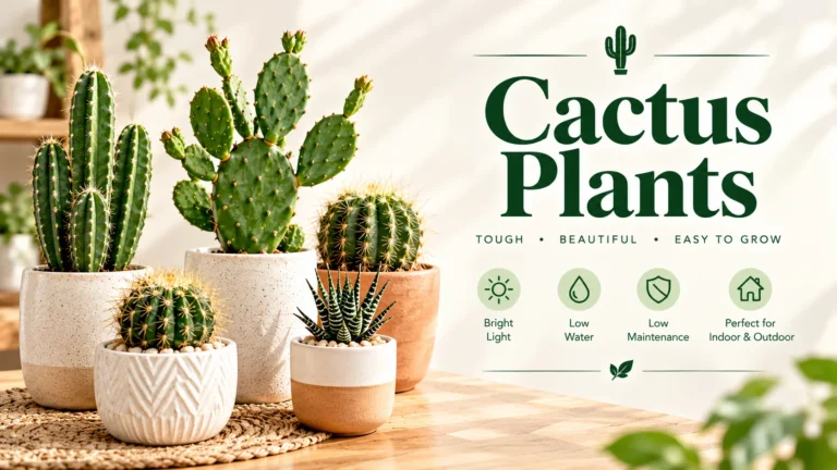 Cactus plants in stylish ceramic pots on a sunny wooden table, easy to grow indoors