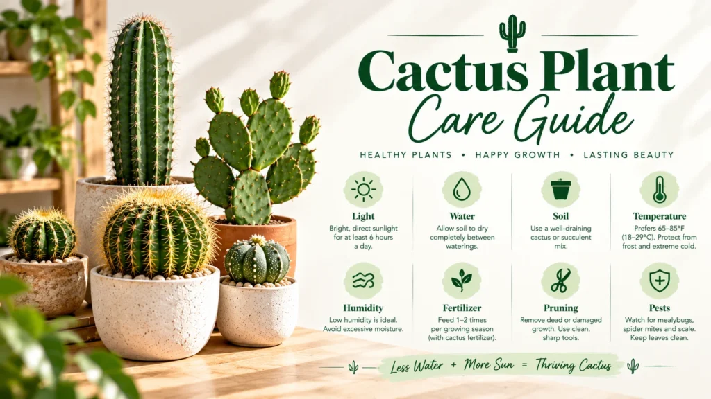 Cactus plant care guide infographic covering light, water, soil, temperature, humidity, fertilizer, pruning and pests