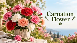 Carnation flower bouquet of pink, red, white and peach blooms in a stone pot