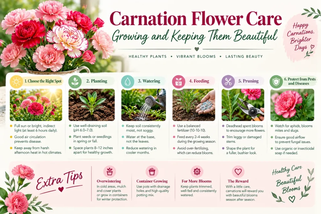 Carnation flower care infographic with six steps from planting and watering to pruning and pests