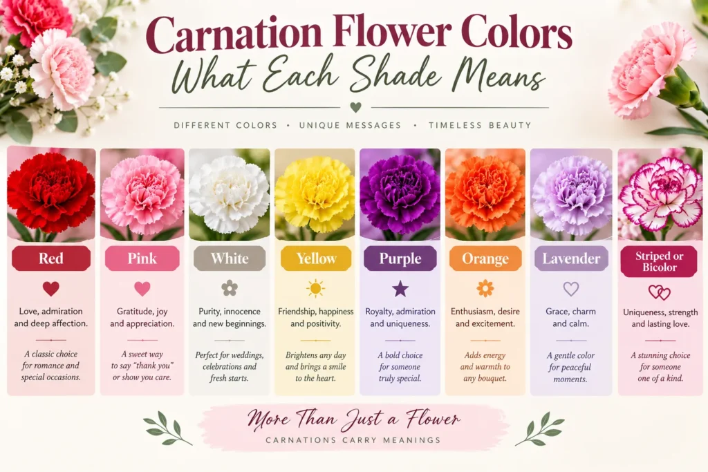 Carnation flower colors chart explaining the meaning of eight shades from red to striped