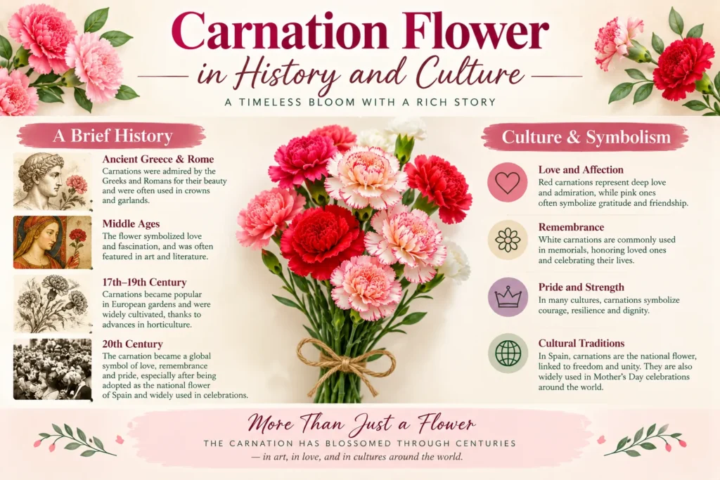 Carnation flower in history and culture infographic with timeline, symbolism and a pink-red bouquet