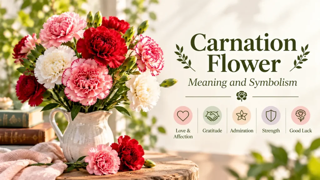 Carnation flower meaning and symbolism graphic with pink, red and white carnations in a pitcher