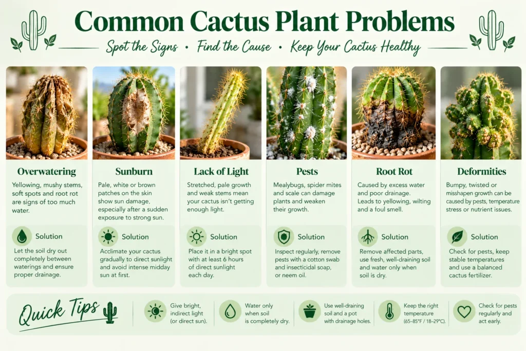 Common cactus plant problems infographic with fixes for overwatering, sunburn, pests and root rot