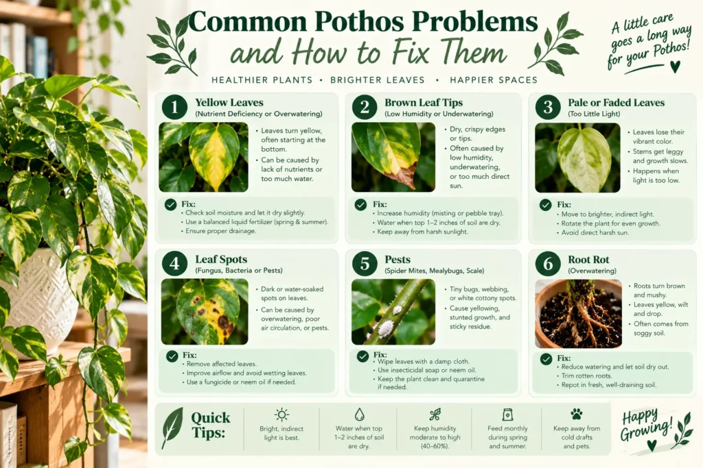 Infographic showing common pothos plant problems like yellow leaves, brown tips, and root rot with fixes