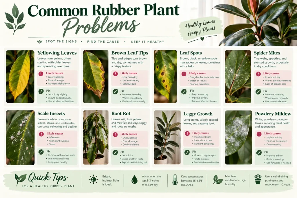 Common rubber plant problems infographic showing yellow leaves, brown tips, pests, root rot and fixes