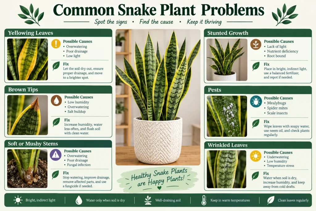 Snake plant problems infographic with causes and fixes for yellow leaves, brown tips and pests