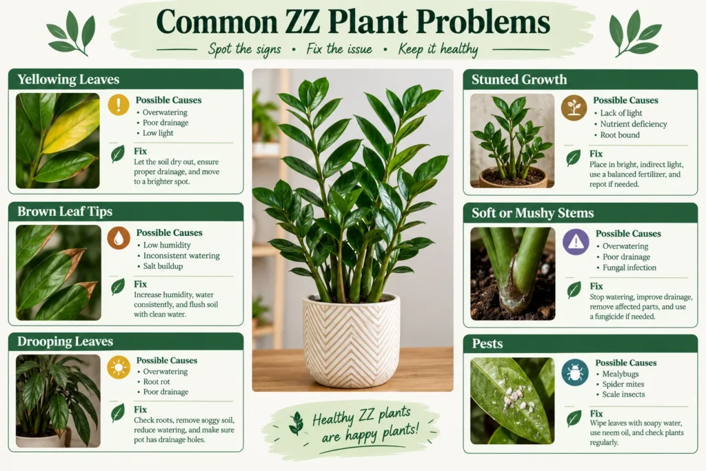 Common ZZ plant problems infographic showing yellow leaves, brown tips, drooping, mushy stems and pests with fixes
