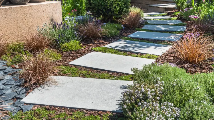 Modern rectangular concrete stepping stones forming a pathway through a lush garden with ornamental plants.
