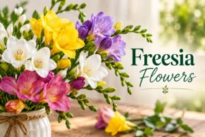 Colorful freesia flowers bouquet in white, yellow, purple and pink arranged in a rustic vase