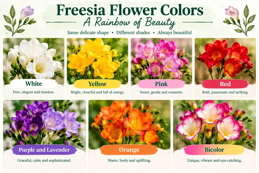 Freesia flower colors chart showing white, yellow, pink, red, purple, orange and bicolor freesia blooms