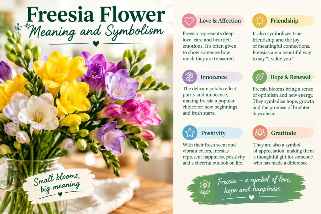 Freesia flower meaning and symbolism infographic with yellow, white and purple freesias in a glass vase