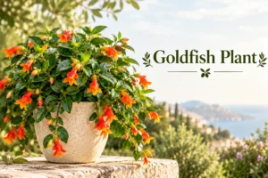 Goldfish plant with bright orange tubular flowers trailing from a cream pot outdoors