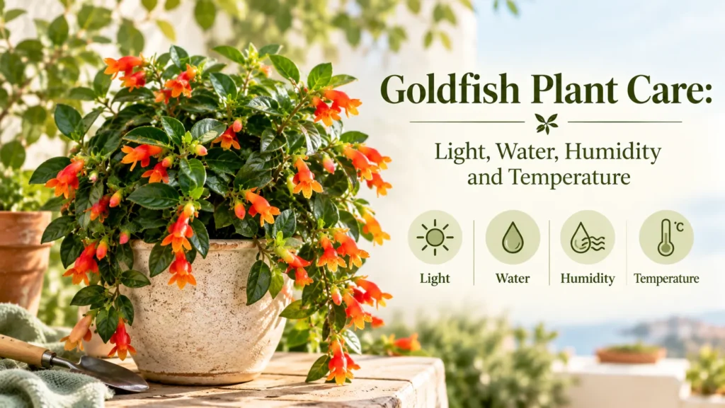 Goldfish plant care infographic with light, water, humidity and temperature icons beside blooming orange flowers