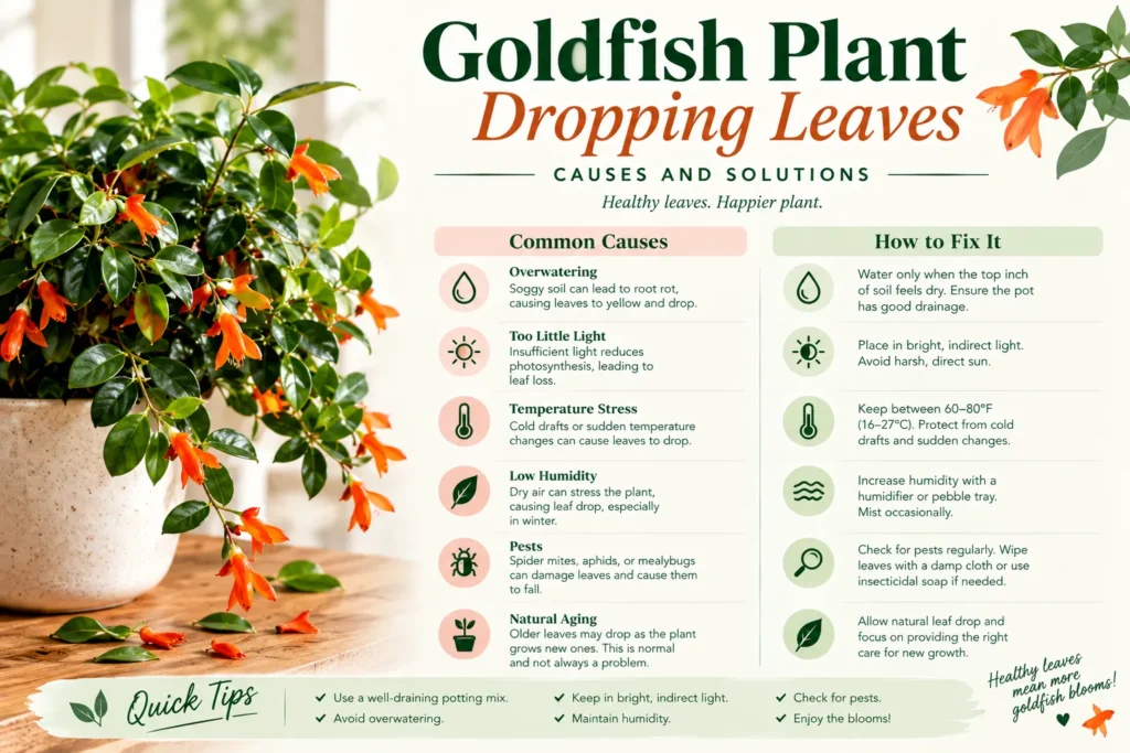 Goldfish plant dropping leaves infographic showing causes and fixes for overwatering, low humidity and pests