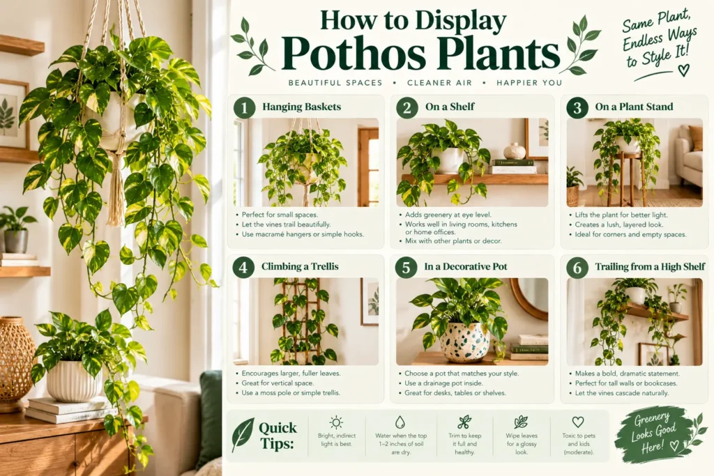 Infographic showing creative ways to display pothos plants including hanging baskets, shelves, and moss poles