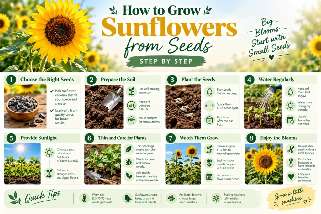 How to grow sunflowers from seeds: eight-step infographic from seed choice to blooms
