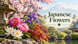 Japanese flowers including cherry blossom, peony, iris and lotus in a garden before Mount Fuji
