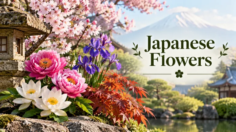 Japanese flowers including cherry blossom, peony, iris and lotus in a garden before Mount Fuji