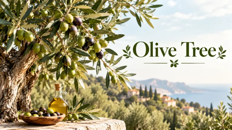 Olive tree branch with green and black olives beside olive oil above Mediterranean hills