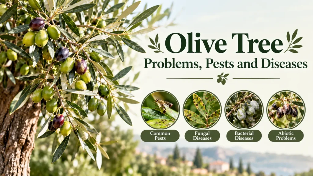 Olive tree problems, pests and diseases guide covering pests, fungal, bacterial and abiotic issues