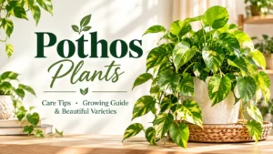 Golden pothos plant in a white ceramic pot with trailing variegated leaves on a sunny wooden table