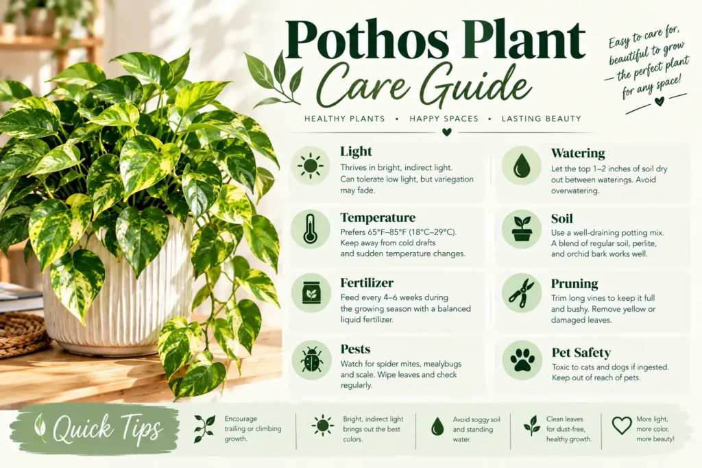 Pothos plant care guide infographic covering light, watering, soil, fertilizer, pruning, and pet safety tips