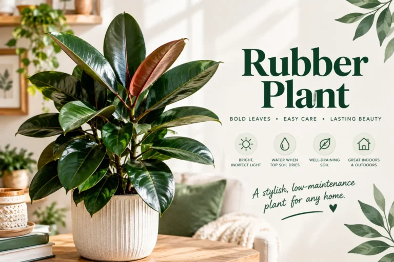 Glossy dark green rubber plant in a cream ceramic pot on a wooden table