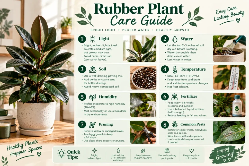 Rubber plant care guide infographic covering light, watering, soil, temperature, humidity, fertilizer, pruning and pests