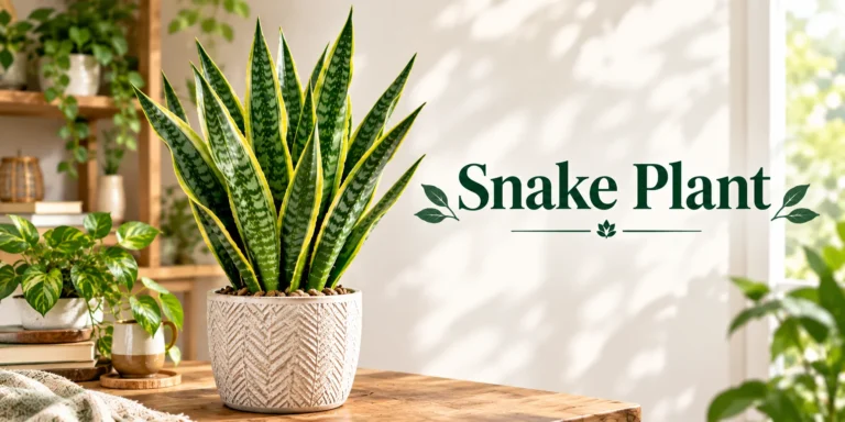 Snake plant indoor in a textured ceramic pot on a sunny wooden table