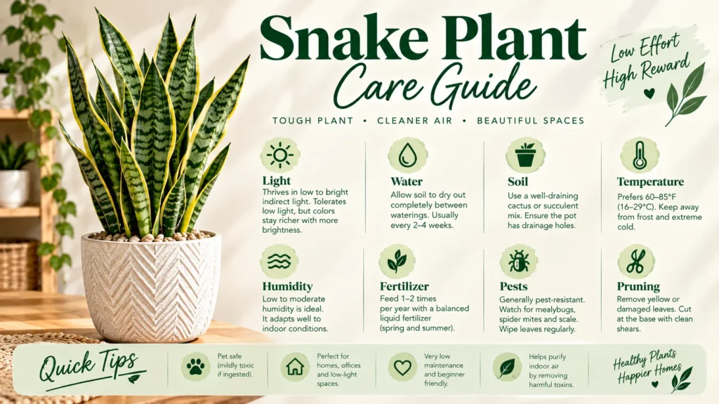 Snake plant care guide infographic covering light, water, soil, temperature, humidity, fertilizer, pests and pruning
