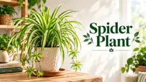 Spider plant in a textured white pot with dangling babies on a sunny wooden table