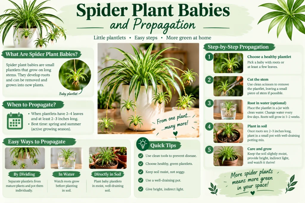 Spider plant babies and propagation infographic showing how to root plantlets in water or soil