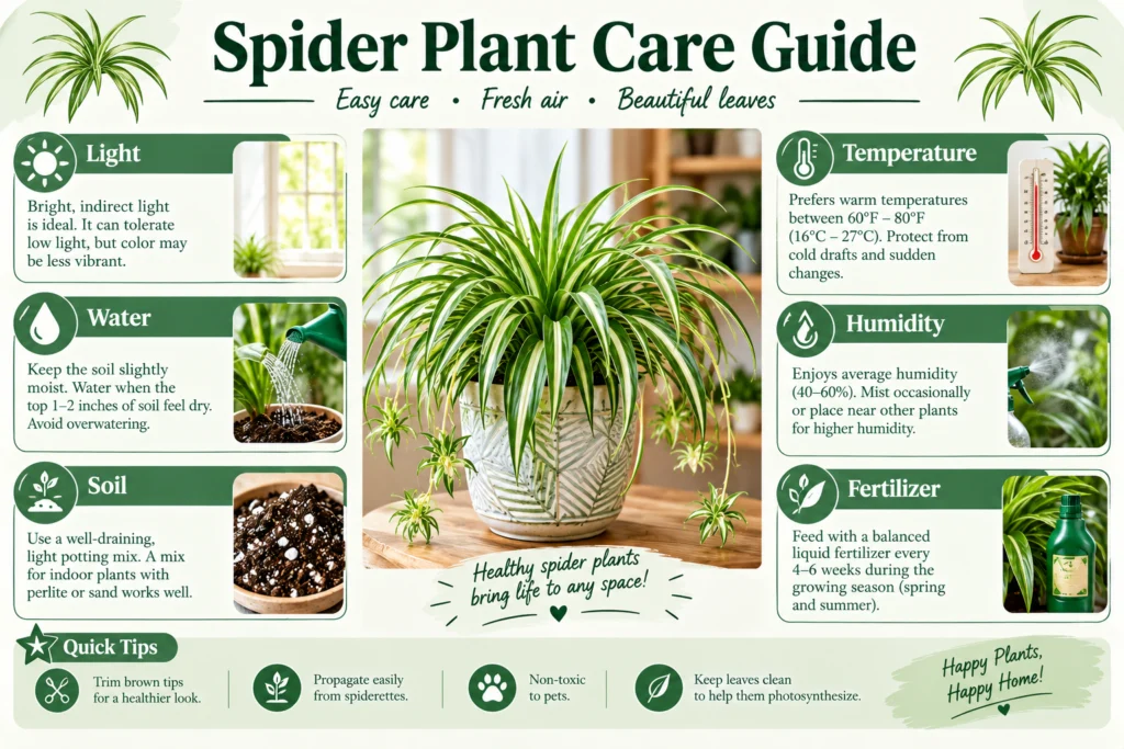 Spider plant care guide infographic covering light, watering, soil, temperature, humidity and fertilizer