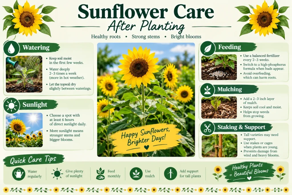 Sunflower care after planting infographic covering watering, sunlight, feeding, mulching and staking for healthy plants