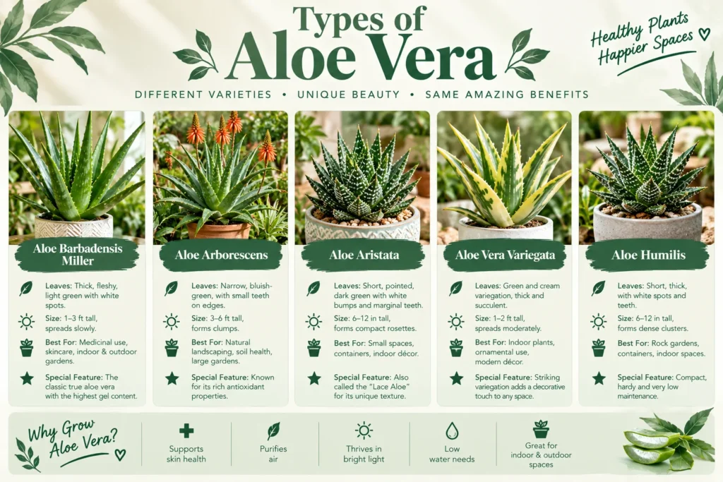 Types of aloe vera infographic comparing five popular varieties by leaves, size and best use