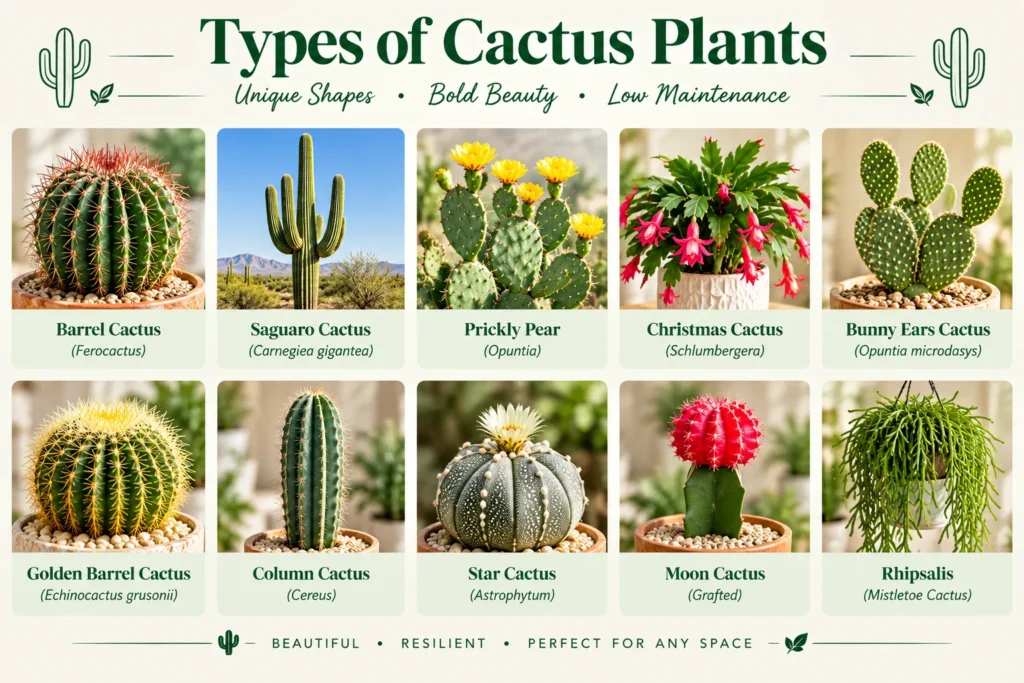 Types of cactus plants grid featuring barrel, saguaro, prickly pear, bunny ears and moon cactus