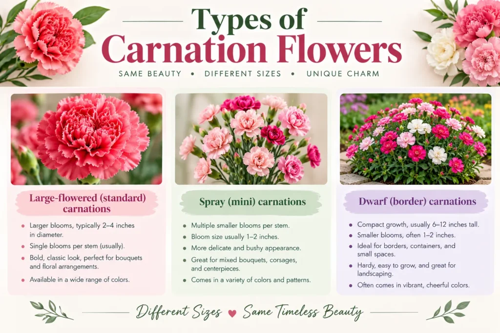 Types of carnation flowers infographic comparing large-flowered, spray and dwarf border carnations side by side