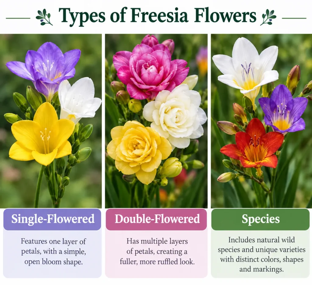 Types of freesia flowers compared: single-flowered, double-flowered and species varieties in assorted colors