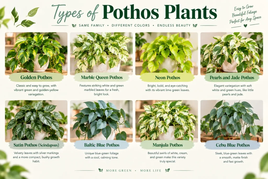 Infographic comparing eight types of pothos plants including golden, marble queen, neon, and Cebu blue varieties