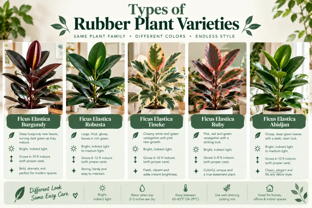 Types of rubber plant varieties including Burgundy, Robusta, Tineke, Ruby and Abidjan Ficus elastica