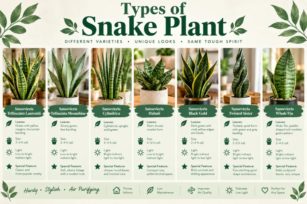 Types of snake plant infographic comparing seven varieties, from Laurentii and Moonshine to Whale Fin