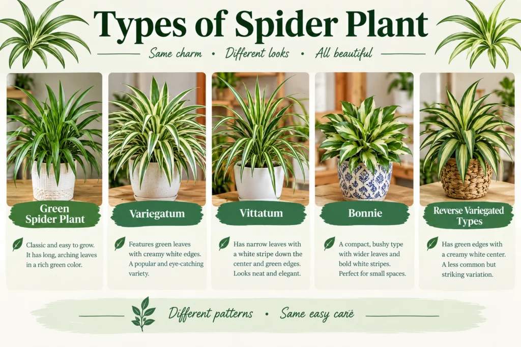 Types of spider plant infographic comparing green, variegatum, vittatum, Bonnie and reverse variegated varieties