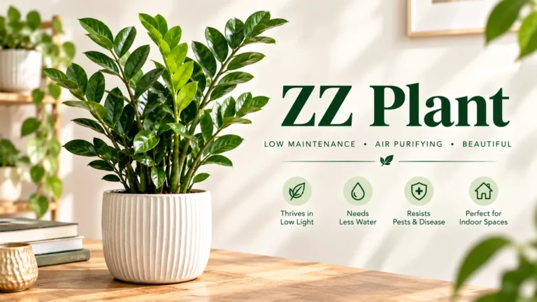 Glossy green ZZ plant in a ribbed white pot on a wooden table, low maintenance benefits