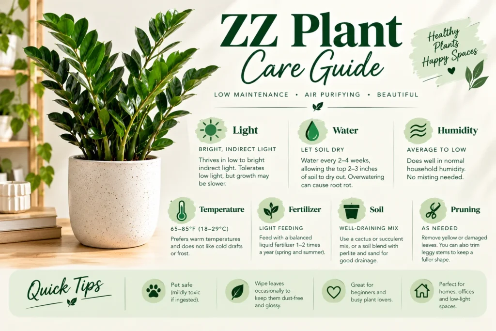 ZZ plant care guide infographic covering light, water, humidity, temperature, fertilizer, soil and pruning tips