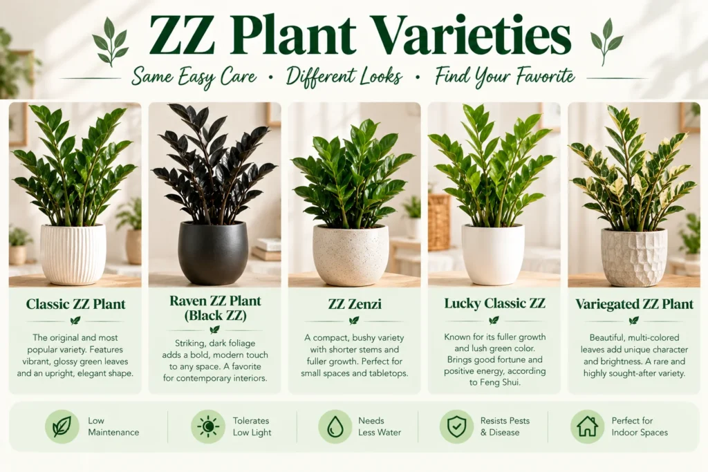 ZZ plant varieties compared: classic, black Raven, Zenzi, Lucky Classic and variegated, each in a different pot